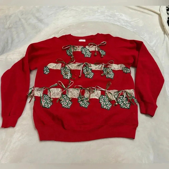 Vintage Hanes Ugly Christmas Sweatshirt Tacky Kitsch Granny Homemade Lace Bells - Picture 1 of 11
